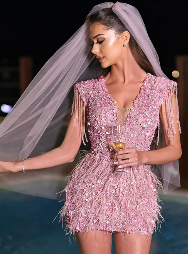 Dazzling Pink Sheath V Neck Sequin Beaded Feather Short Prom Dress Homecoming Dress SH6377