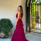 Sexy A Line Halter Tiered Burgundy Chiffon Prom Dress Evening Dress with Slit SH2635