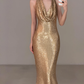 Shiny Gold Sheath Halter Sequin Long Prom Dress Wedding Guest Dress SH7712