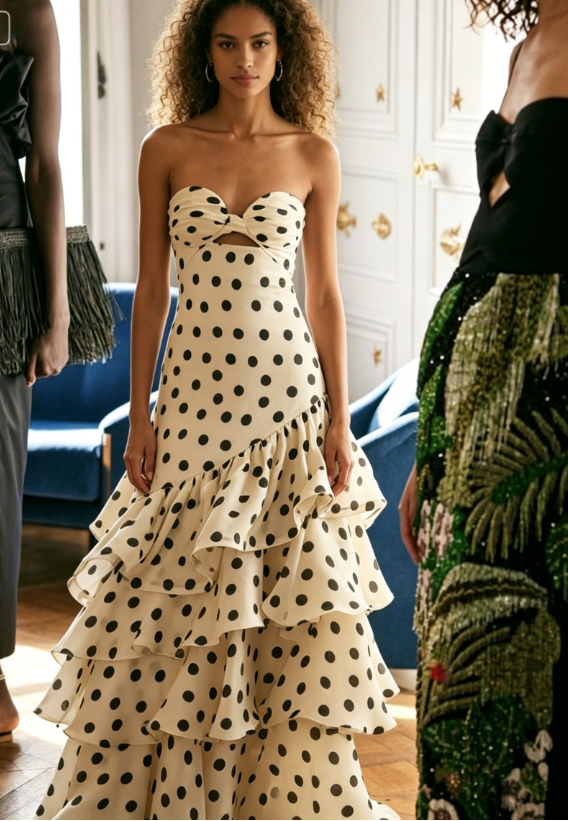 Classic Polka Dot A Line Sweetheart Neck Layered Chiffon Prom Dress SH5428