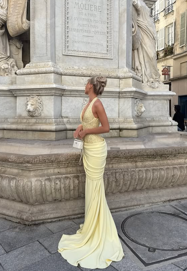 Glamour Yellow Mermaid Halter Sequin Satin Backless Long Prom Dress Party Dress SH6423