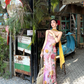 Beautiful Sheath Spaghetti Straps Pink Printed Floral Chiffon Long Prom Dress Evening Dress SH6052