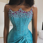 Gorgeous Sheath Strapless Pearl Beaded Blue Satin Prom Dress Evening Dress with Slit SH2275