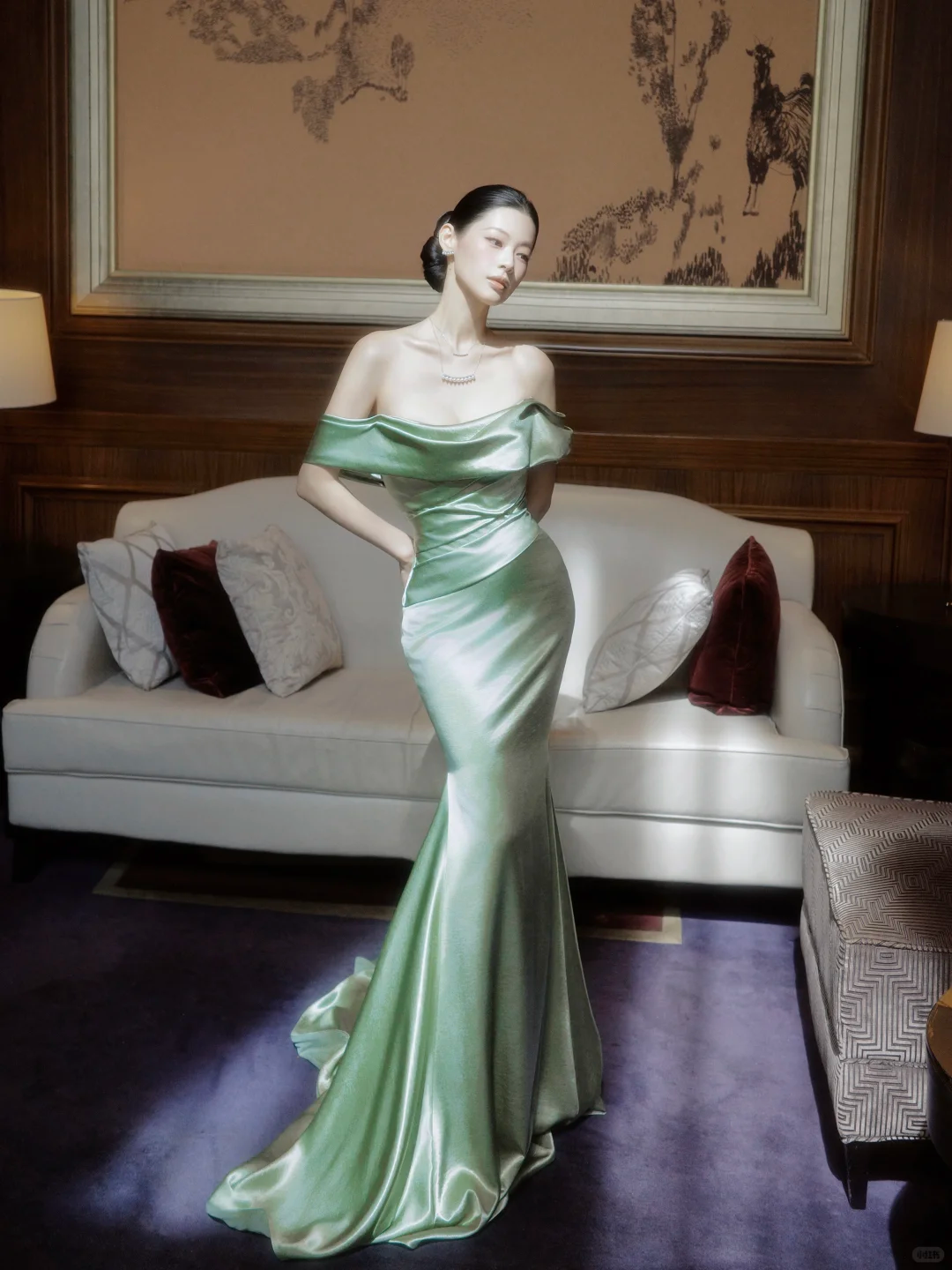 Elegant Mermaid Off the Shoulder Green Satin Long Prom Dress SH5205