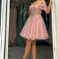 Stunning Pink Sequins Strapless Short A Line Prom Dress with Beadings SH7514
