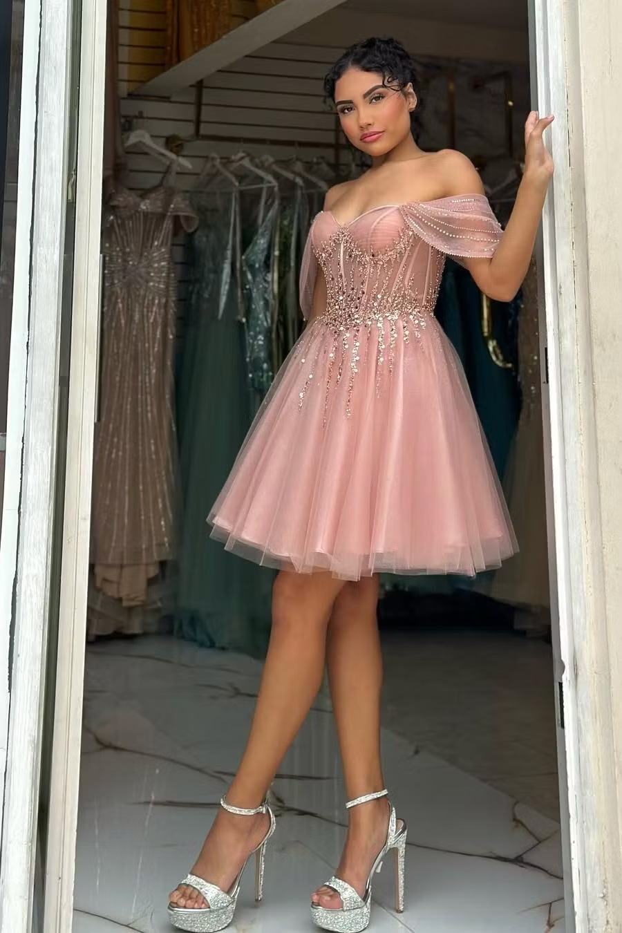 Stunning Pink Sequins Strapless Short A Line Prom Dress with Beadings SH7514