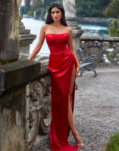 Sexy Red Sheath Strapless Corset Satin Long Prom Dress Date Dress with Slit SH6515