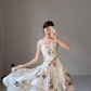 Gentle A Line Straps Print Layered White Chiffon Long Prom Dress Evening Dress SH7702