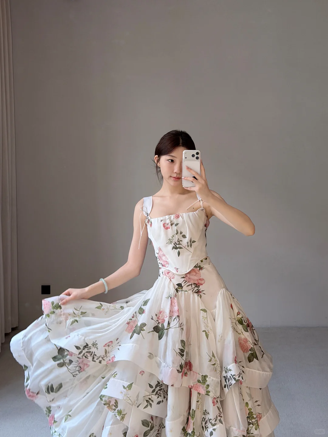 Gentle A Line Straps Print Layered White Chiffon Long Prom Dress Evening Dress SH7702