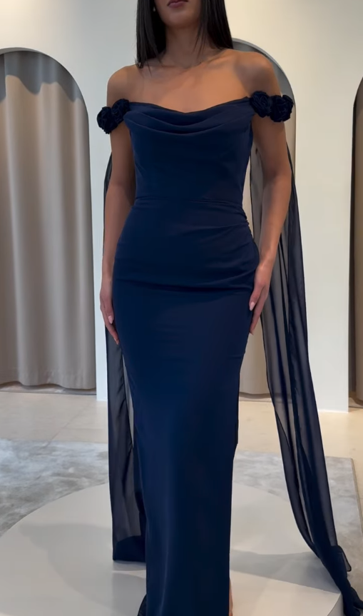 Baby Blue Sheath Off the Shoulder Floral Chiffon Satin Prom Dress SH5546