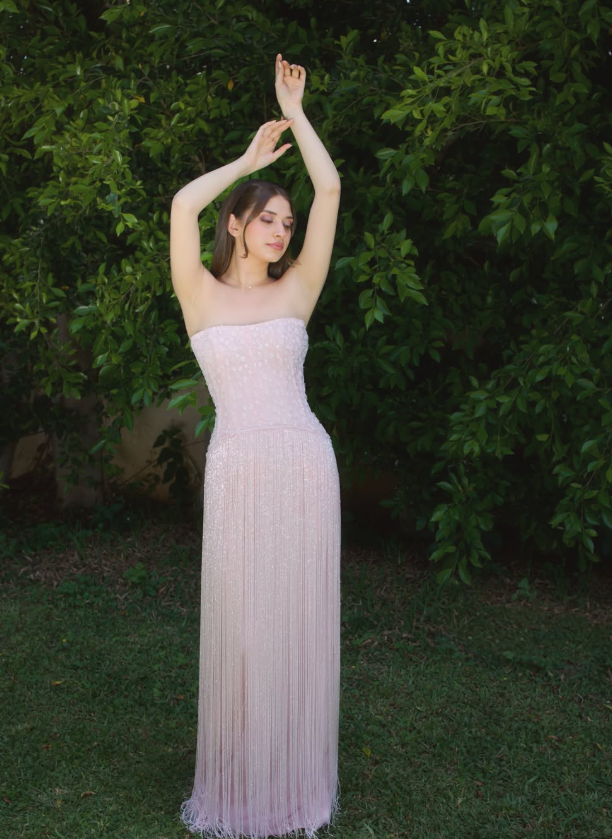 Exquisite Tassel A Line Strapless Beaded Light Pink Satin Long Prom Dress Evening Dress SH6534