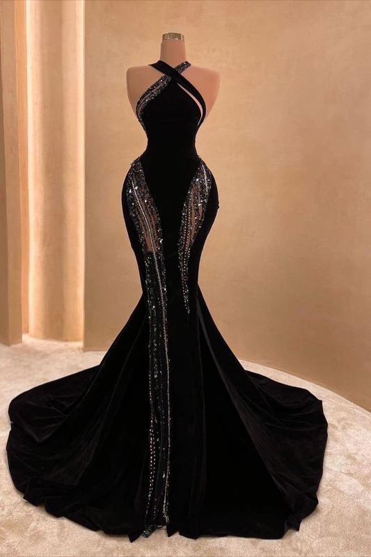 Black Halter Corset Mermaid Prom Dress Sexy Evening Dress SH1397