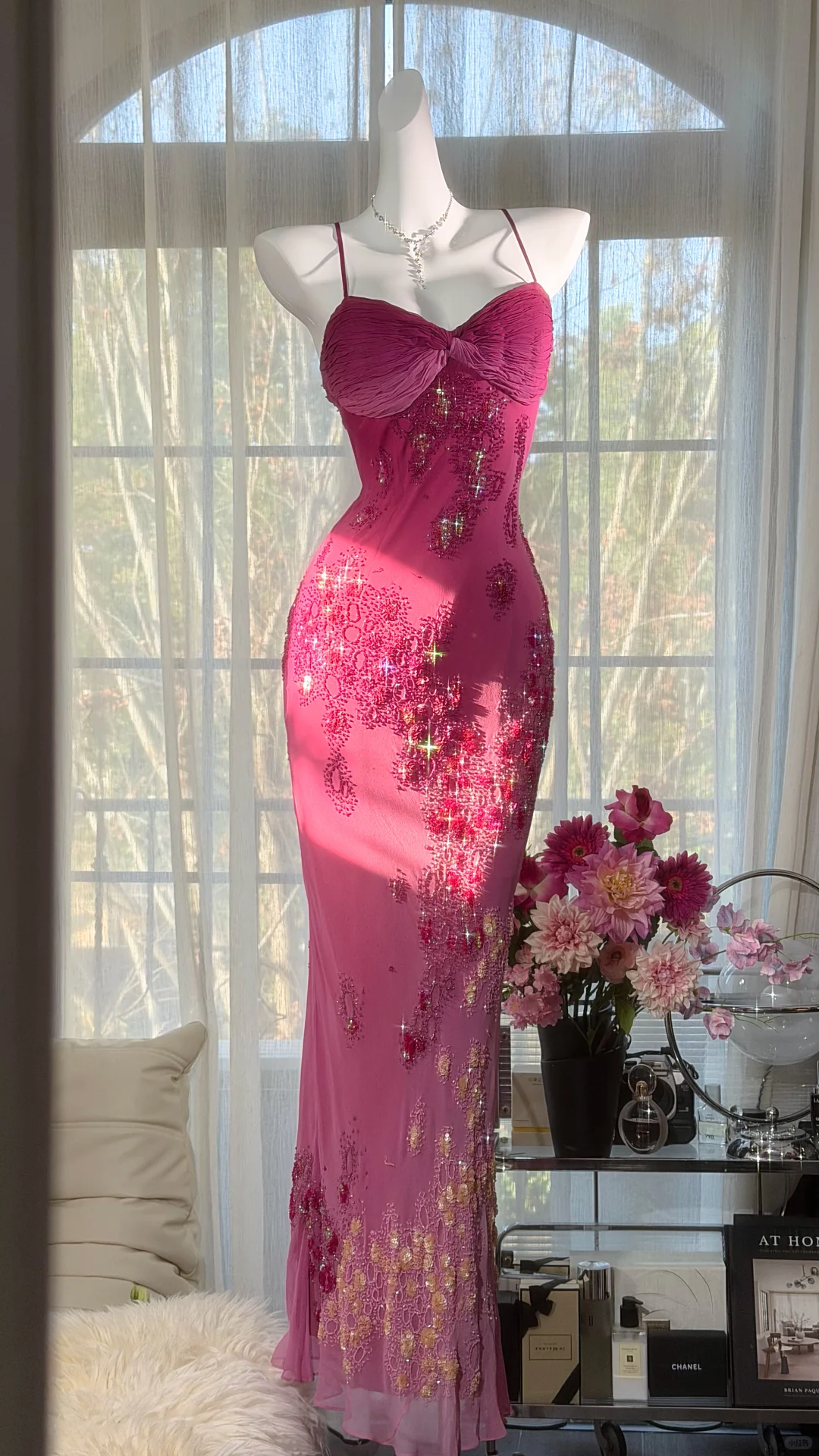 Dreamy Pink Ombre Sheath Floral Beaded Chiffon Long Prom Dress Graduation Prom Dress SH5348