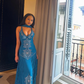 Vintage A Line V Neck Cerulean Beaded Chiffon Long Prom Dress Evening Dress SH5329