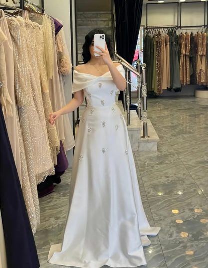 White A Line Off the Shoulder Beaded Satin Long Prom Dress Evening Dress SH7314