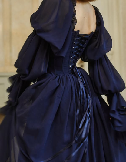 Navy Blue A Line Long Sleeve Chiffon Slit Prom Dress Evening Dress SH6687