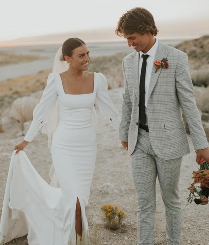 Simple White Mermaid Long Sleeve Satin Long Train Wedding Dress SH7129