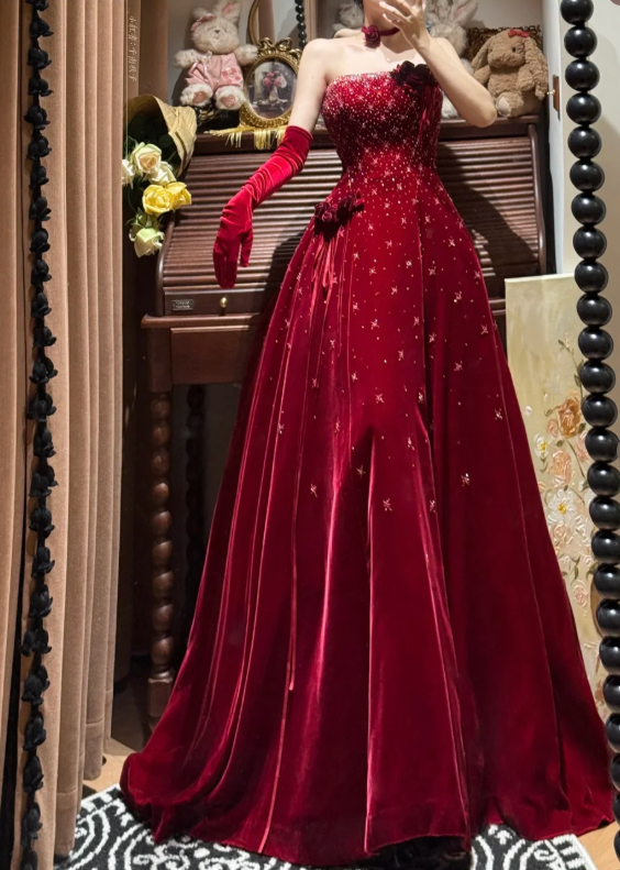 Burgundy A Line Strapless Beaded Velvet Long Prom Dresses 16th Birthday Dresses SH4635