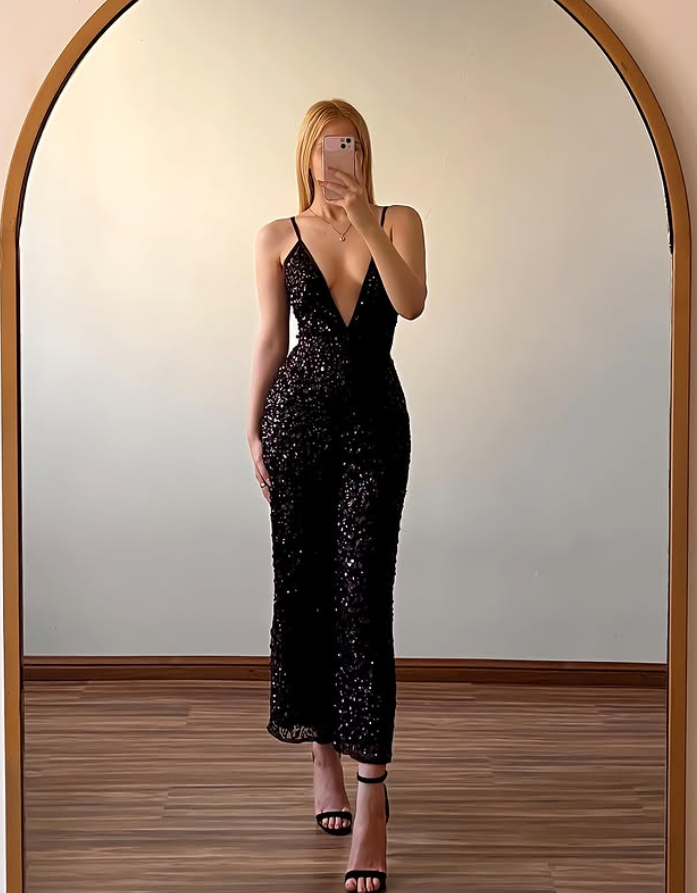 Vintage Shiny Sheath Spaghetti Strap Black Sequin Prom Dress Evening Dress SH6975