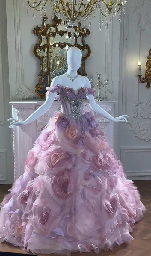 Princess Purple Ball Gown Off the Shoulder Floral Tulle Long Sweep Prom Dress 16th Birthday Dress SH4649