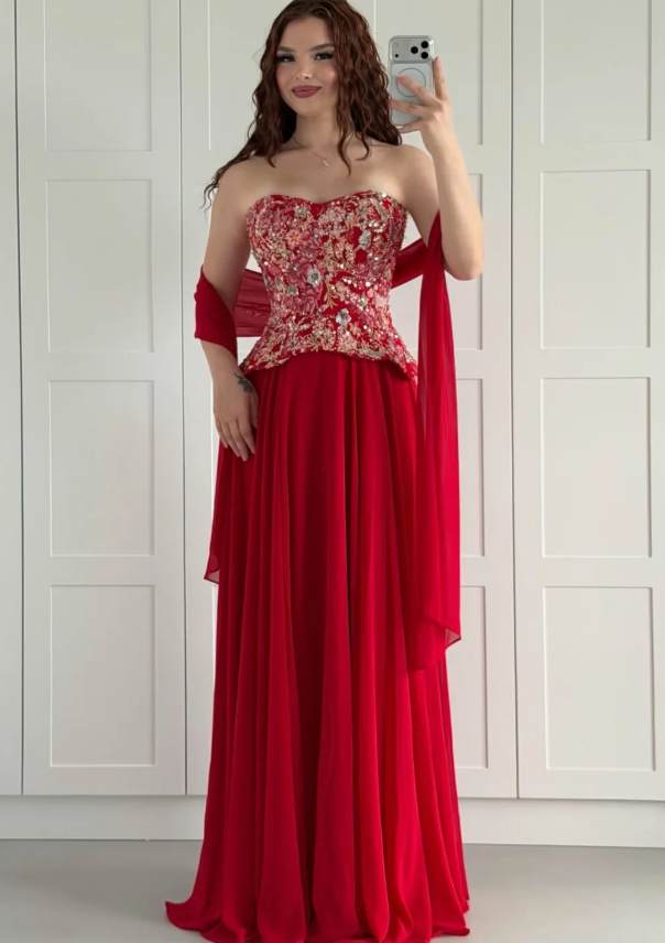 Red A Line Strapless Exquisite Embroidery Chiffon Long Prom Dress Evening Dress SH7292