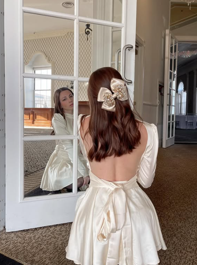 Sexy A Line Long Sleeve V Neck Ivory Satin Oen Back Homecoming Dress Birthday Dress SH4870