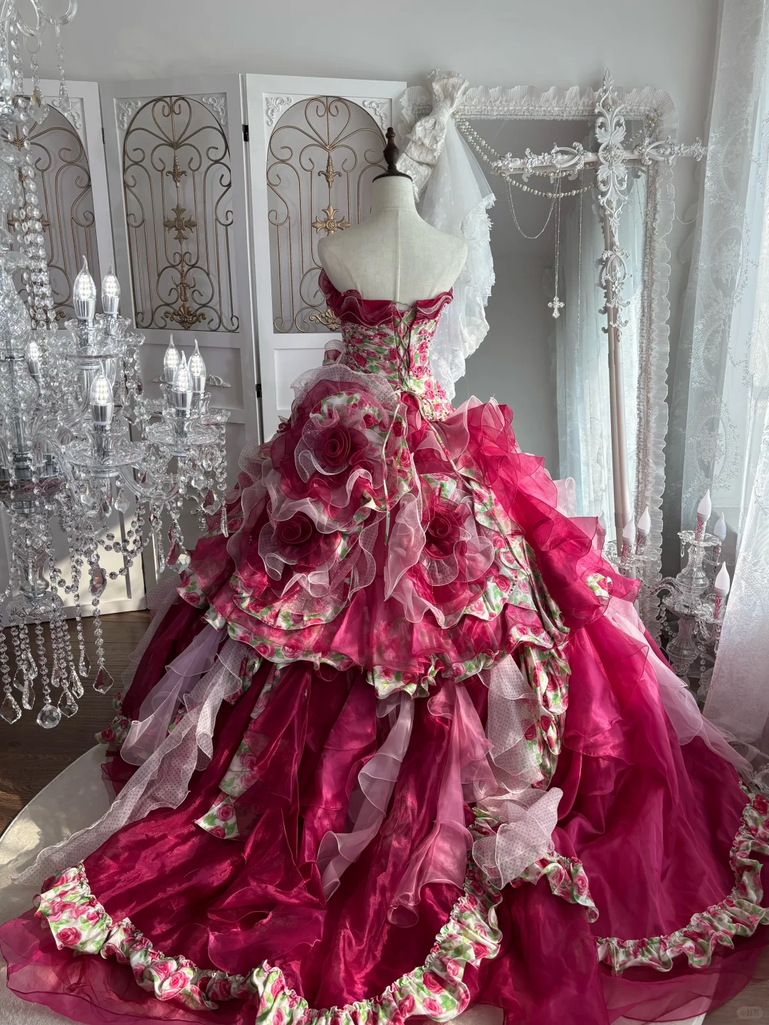 Vintage Pink Print Floral Ball Gown Ruffle Layered Organza Prom Dress Sweet 16 Dress SH5985