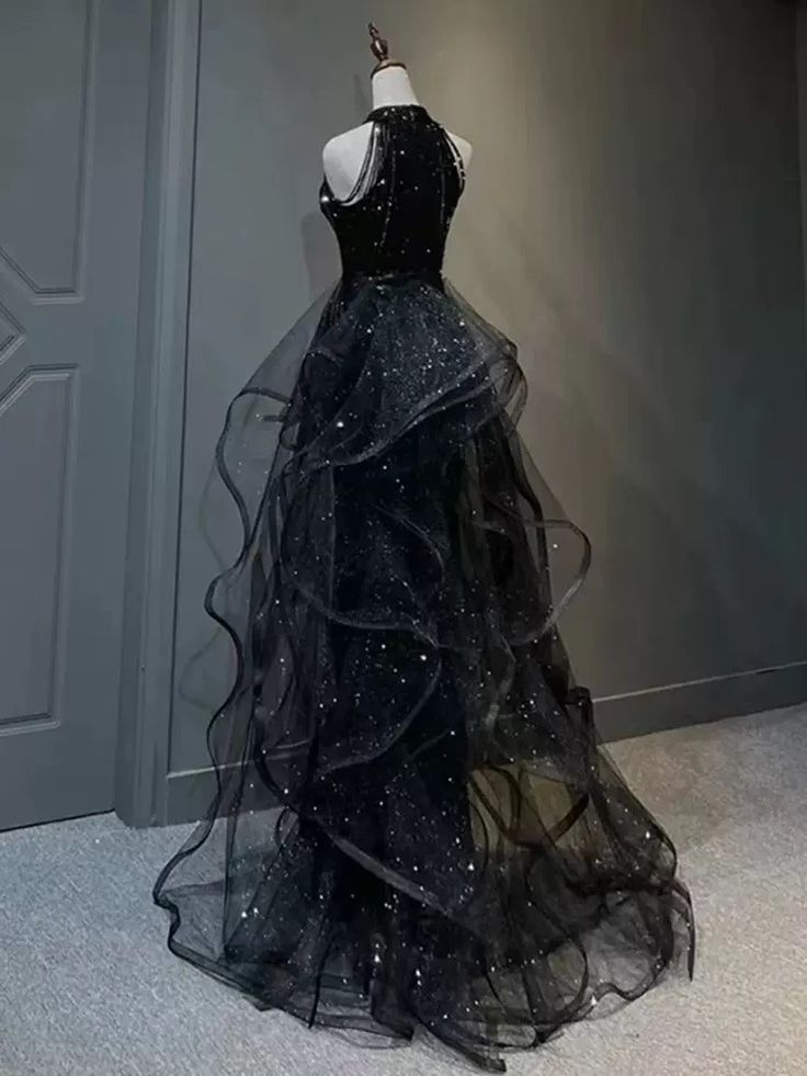 Shiny Halter Sequin Tulle Layered Long Prom Dress Black Evening Dress Wedding Dress SH1019