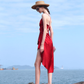 Burgundy A Line Spaghetti Strap Satin Open Back Short Homecoming Dress Vacation Dress Outfits SH3995