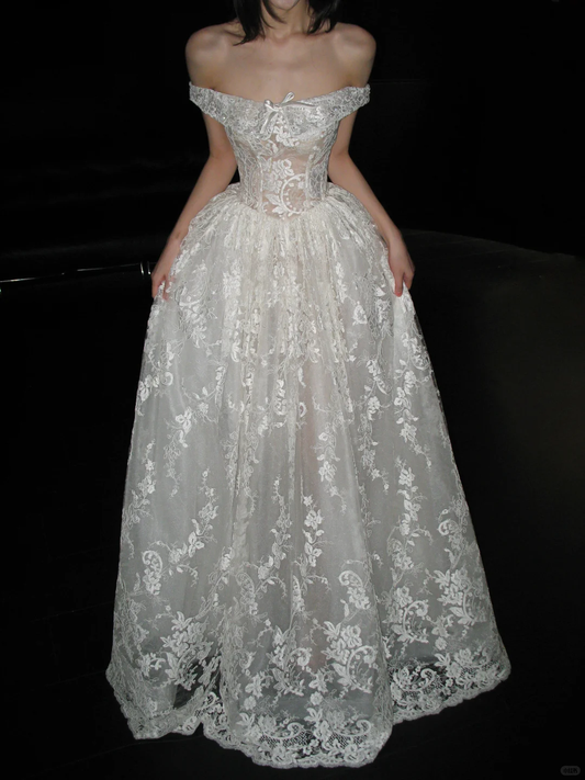 Princess Ball Gown Off the Shouler White Lace Long Wedding Dress SH4720
