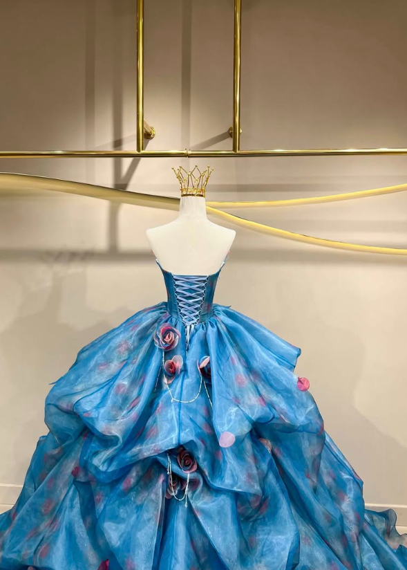 Stunning Ball Gown Sweetheart Neck 3D Floral Blue Organza Prom Dress Quinceanera Dress SH7161