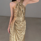 Gold Sheath Halter Exquisite Sequin Backless Prom Dress Evening Dress SH7718