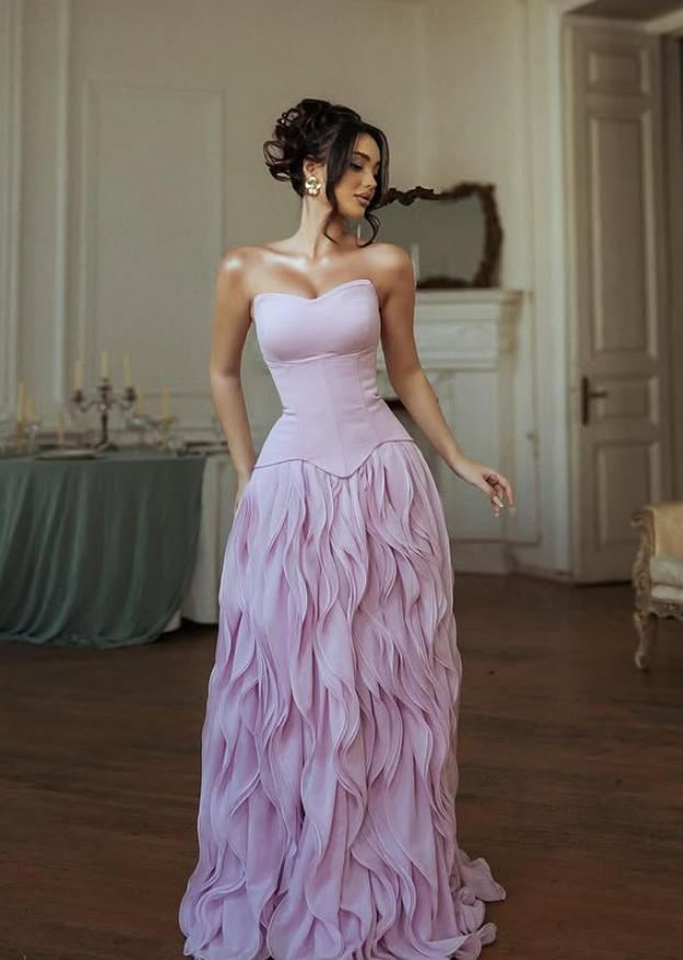 Pink A Line Strapless Ruffle Chiffon Satin Prom Dress Evening Dress SH6404
