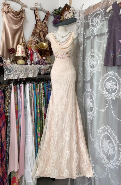 Apricot Vintage Mermaid Appliques Lace Chiffon Long Prom Dress SH5258