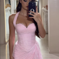 Gentle Sheath Halter Pink Lace Long Prom Dress with Slit SH5302