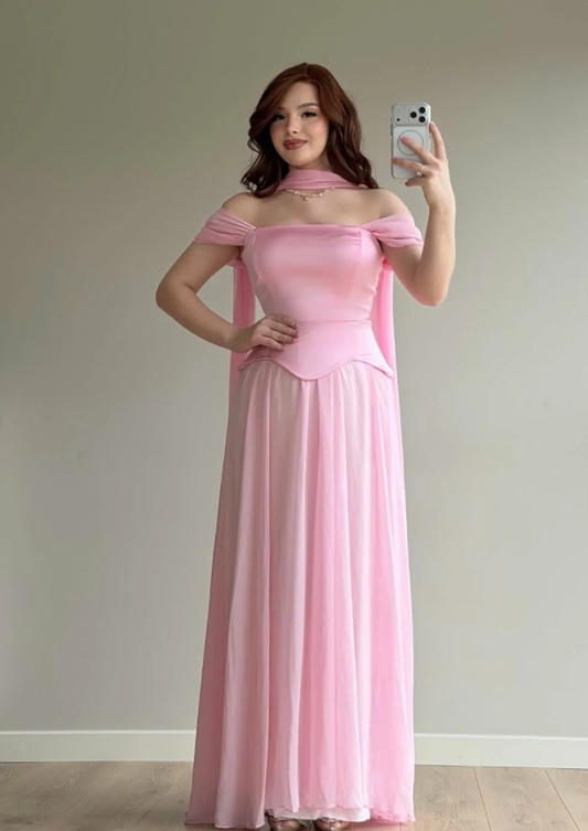 Simple Pink A Line Off the Shoulder Chiffon Satin Prom Dress Wedding Guest Dress SH5420