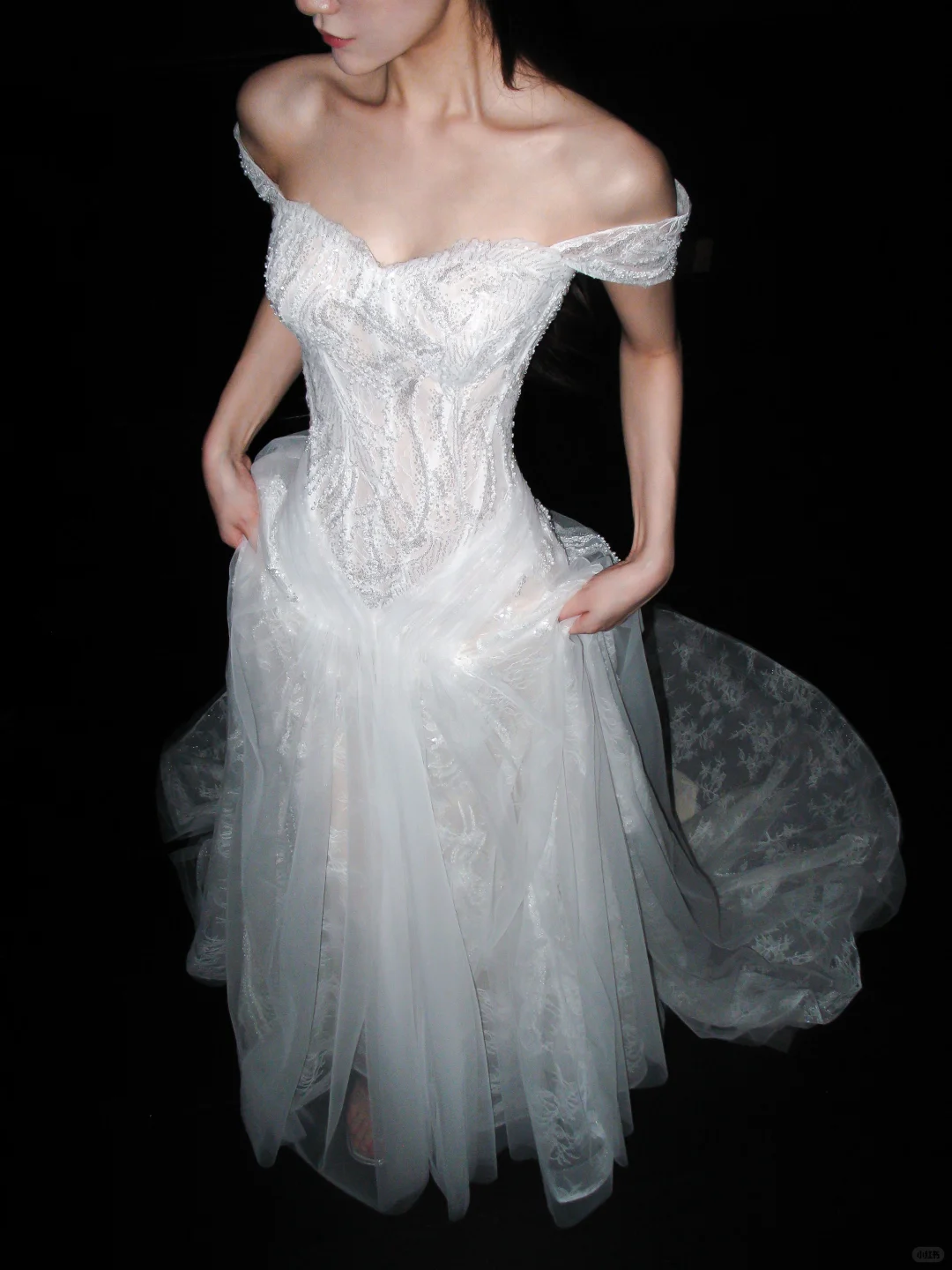 Dreamy A Line Off the Shoulder White Beaded Lace Tulle Long Train Wedding Dress SH8902