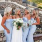 Simple Baby Blue Sheath Strapless Satin Long Bridesmaid Dress Evening Dress SH2831