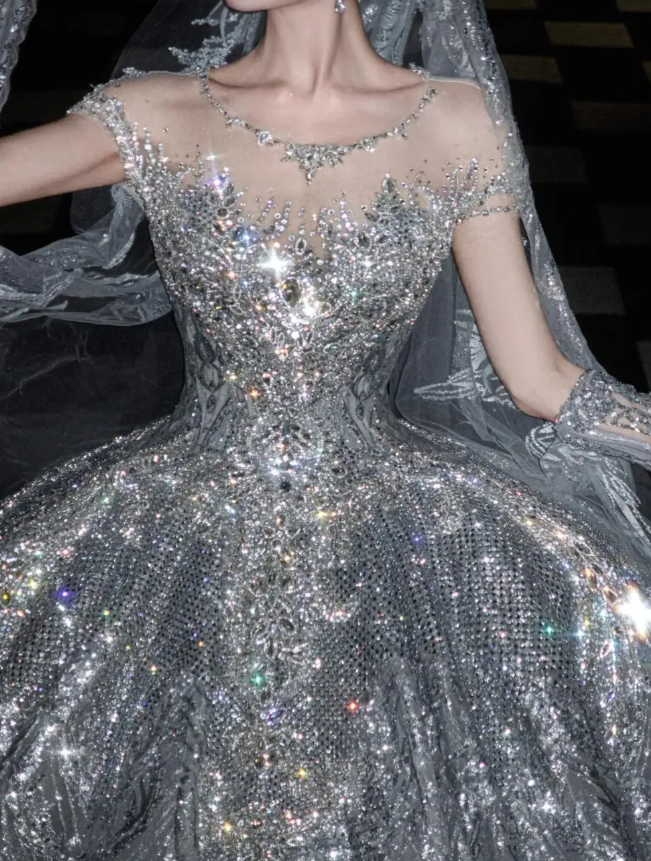 Silver Sequin Ball Gown Round Neck Prom Dress Evening Dress Party Dress SH3614