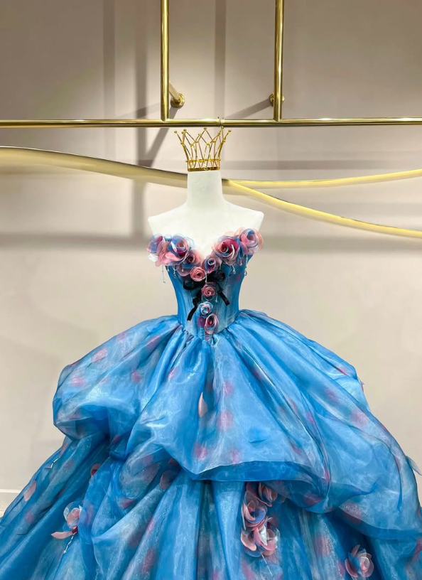 Stunning Ball Gown Sweetheart Neck 3D Floral Blue Organza Prom Dress Quinceanera Dress SH7161