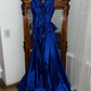 Vintage Royal Blue Mermaid V Neck Satin Slit Prom Dress Evening Dress Date Dress SH5635