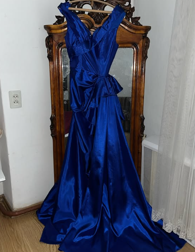 Vintage Royal Blue Mermaid V Neck Satin Slit Prom Dress Evening Dress Date Dress SH5635
