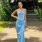 Elegant Blue Sheath Straps Corset Satin Long Prom Dress Evening Dress SH1849