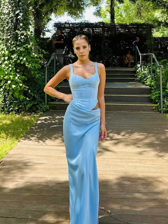 Elegant Blue Sheath Straps Corset Satin Long Prom Dress Evening Dress SH1849