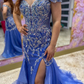 Glamorous Blue Mermaid Off the Shoulder Beaded Tulle Long Prom Dress Evening Dress SH6824