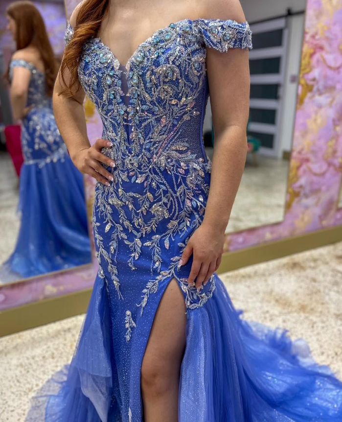 Glamorous Blue Mermaid Off the Shoulder Beaded Tulle Long Prom Dress Evening Dress SH6824
