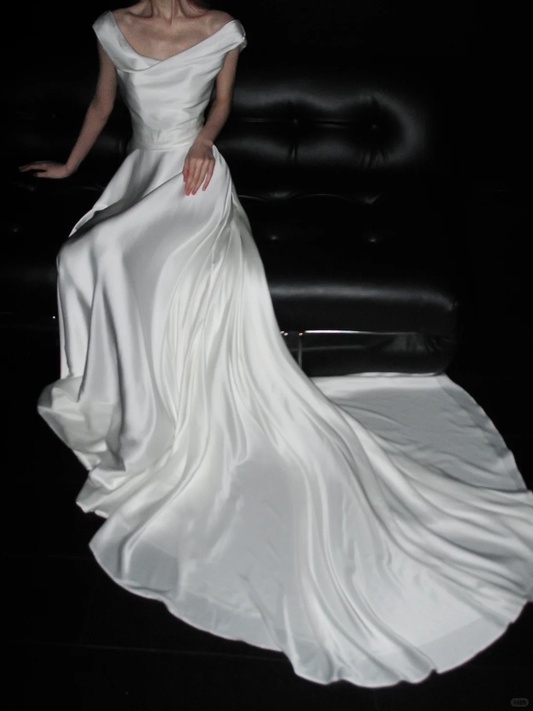 Simple Classic A Line Straps White Satin Long Sweep Wedding Dress SH5228