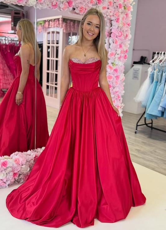 Charming Red A Line Sweetheart Neck Beaded Corset Satin Long Prom Dress Evening Dress SH6660