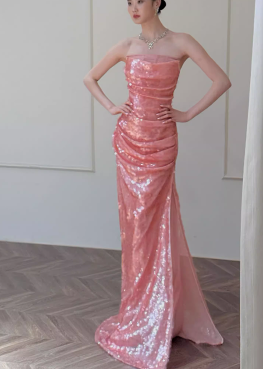 Gentle Pink Sheath Pleated Sequin Prom Dress Evening Dress 16th Birthday Dress SH4049