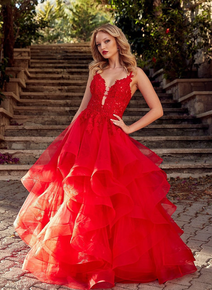 Beautiful A Line Spaghetti Straps Red Lace Layered Organza Long Prom Dress Date Dress SH6506